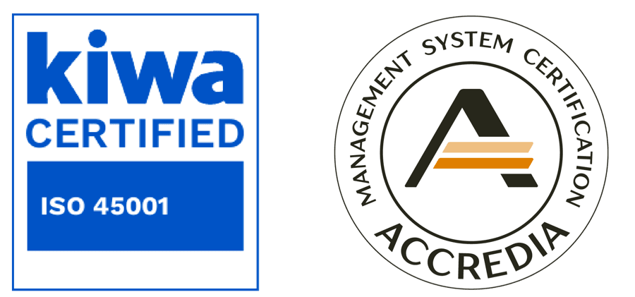 Marchio Kiwa Certified ISO 45001 con logo Accredia Management System Certification